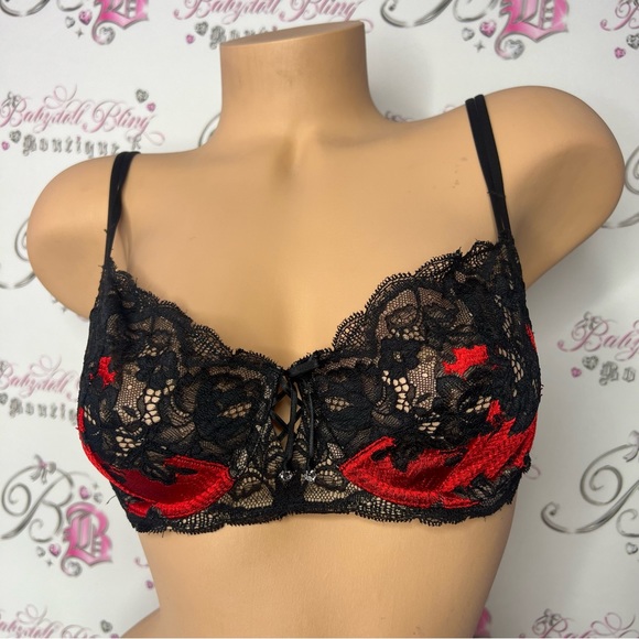 Victoria’s Secret bra diamonds red black lace bling tie shimmer shiny y2k ❤️💎🎀 - Picture 7 of 12